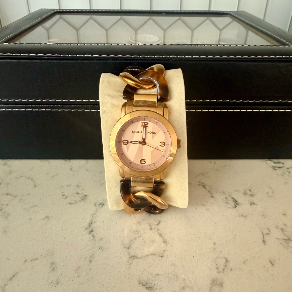 Michael Kors Rose Gold Watch With Tortoiseshell Chain Links